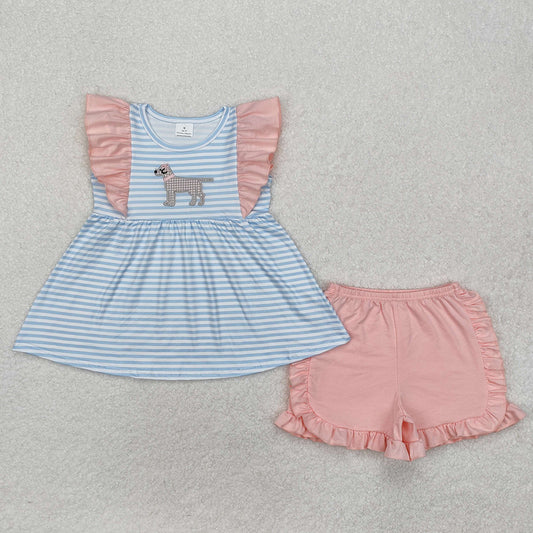 Baby Girls Blue Stripes Dog Tunic Ruffle Shorts Clothes Sets
