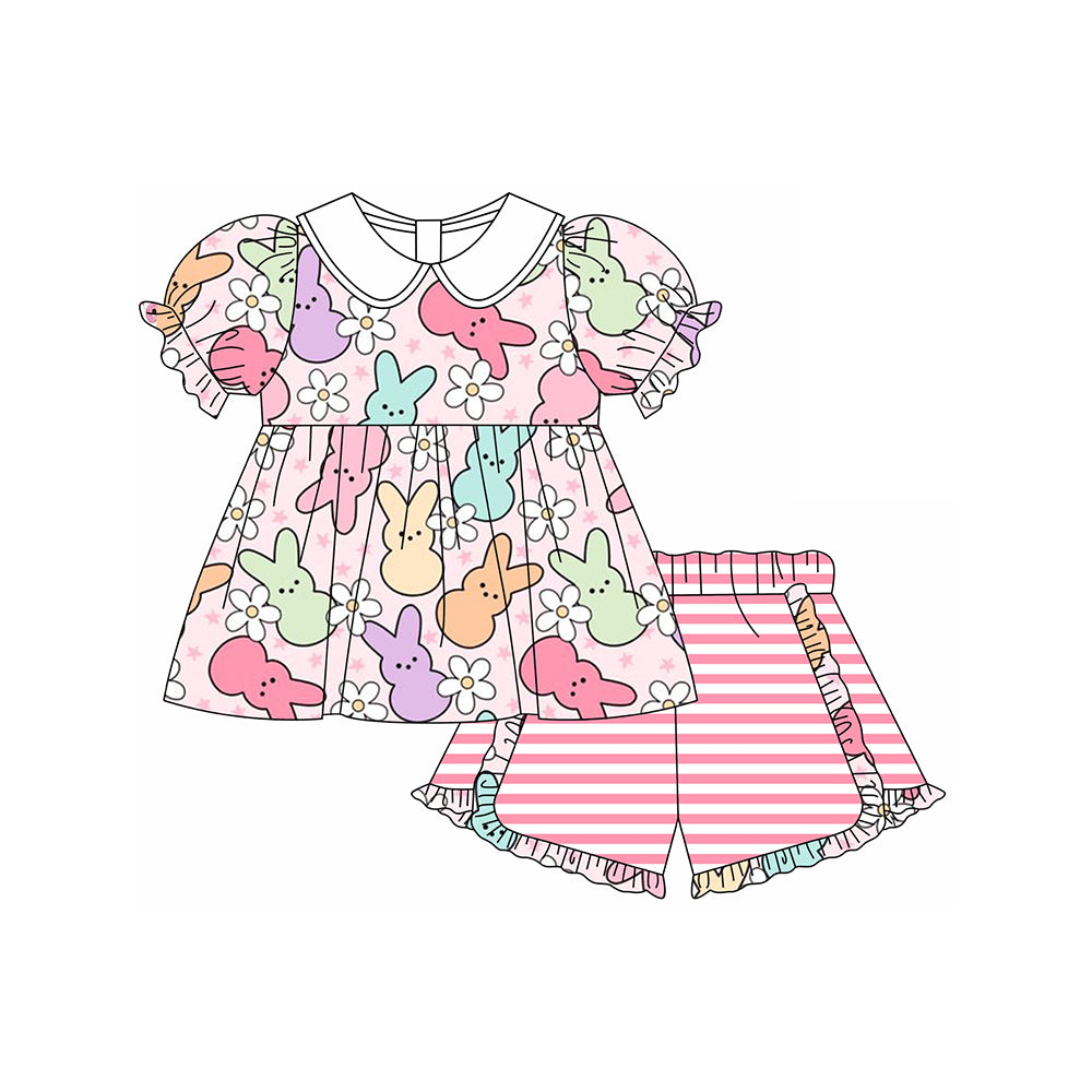 Baby Girls Pink Easter Rabbits Flowers Tunic Ruffle Shorts Clothes Sets Preorder