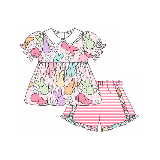 Baby Girls Pink Easter Rabbits Flowers Tunic Ruffle Shorts Clothes Sets Preorder