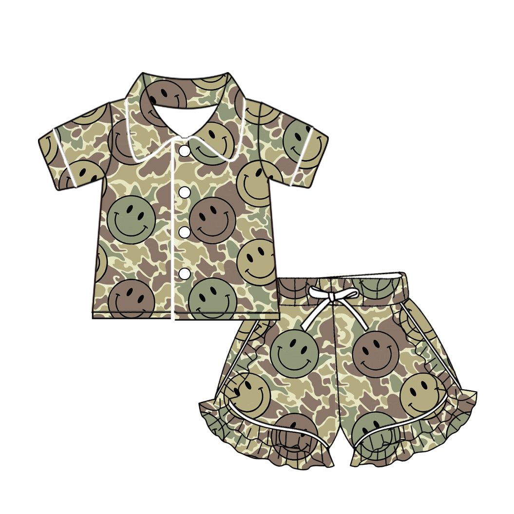 Baby Girls Green Camo Smile Buttons Top Ruffle Shorts Pajamas Clothes Sets Preorder