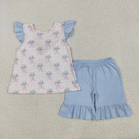 Baby Girls Pink Checkered Bows Tunic Ruffle Shorts Clothes Sets