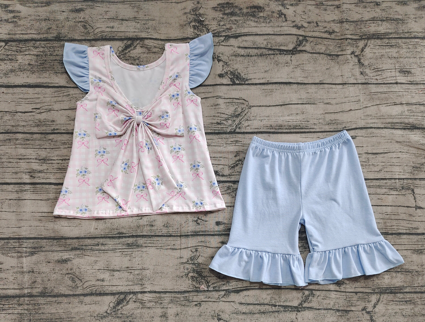 Baby Girls Pink Checkered Bows Tunic Ruffle Shorts Clothes Sets