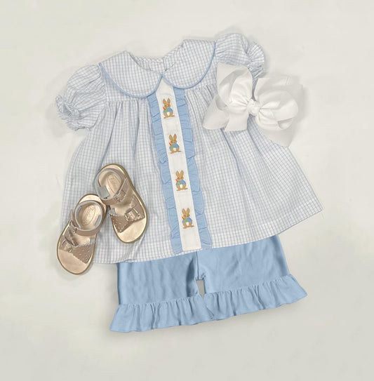 Baby Girls Easter Blue Checkered Rabbits Top Ruffle Shorts Clothes Sets Preorder