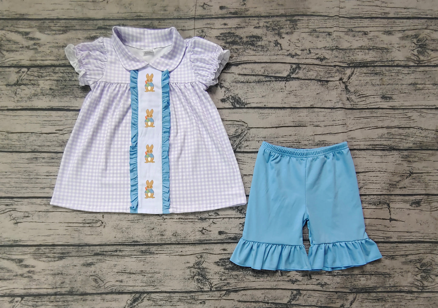 Baby Girls Easter Blue Checkered Rabbits Top Ruffle Shorts Clothes Sets Preorder