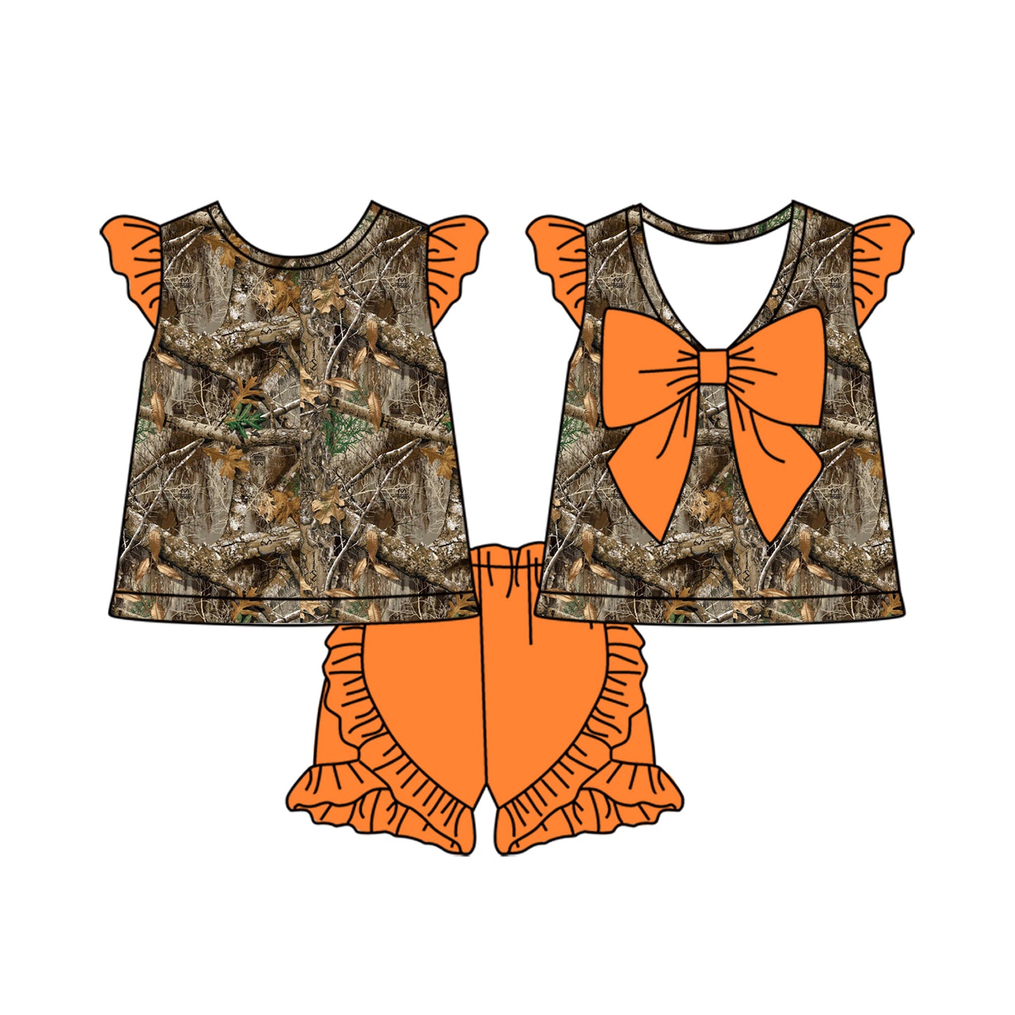 Baby Girls Real Tree Camo Hunting Bow Tunic Ruffle Shorts Clothes Sets Preorder