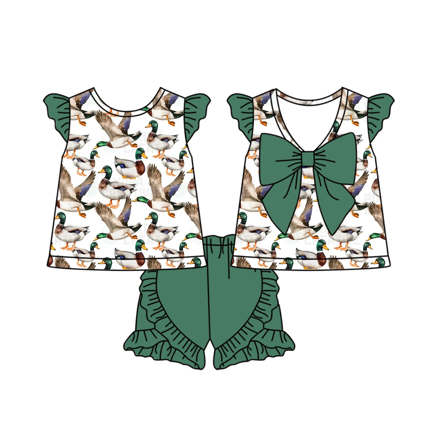 Baby Girls Mallard Ducks Hunting Bow Tunic Ruffle Shorts Clothes Sets Preorder