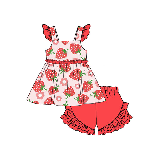 Baby Girls Red Flowers Strawberry Tunic Ruffle Shorts Clothes Sets Preorder