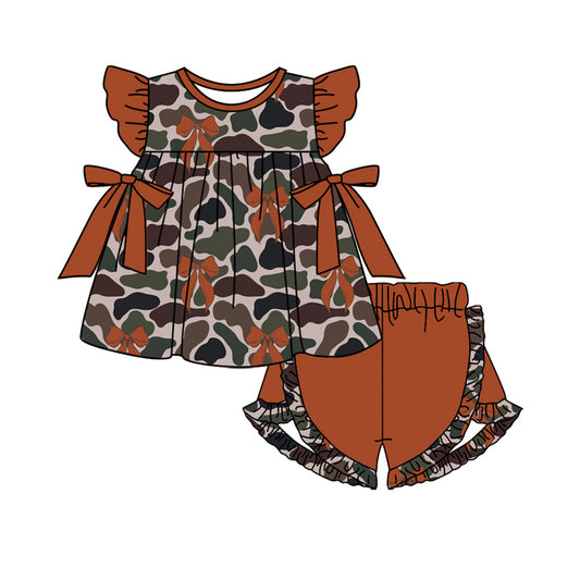 Baby Girls Camo Brown Bows Tunic Summer Shorts Clothes Sets Preorder