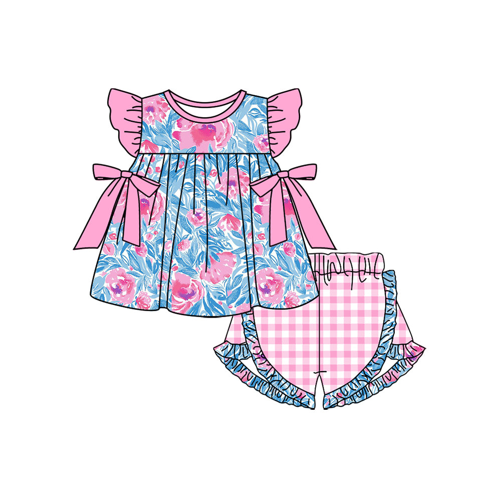 Baby Girls Blue Pink Flowers Bows Tunic Summer Shorts Clothes Sets Preorder