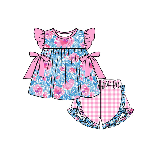 Baby Girls Blue Pink Flowers Bows Tunic Summer Shorts Clothes Sets Preorder