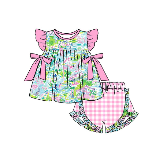 Baby Girls Pink Blue Flowers Bows Tunic Summer Shorts Clothes Sets Preorder