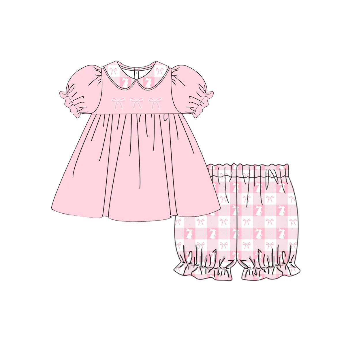 Baby Girls Pink Easter Rabbits Tunic Checkered Shorts Clothes Sets Preorder