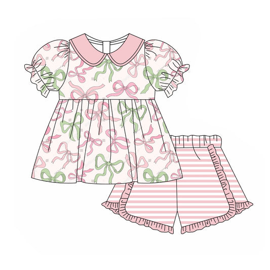 Baby Girls Pink Green Bows Tunic Ruffle Shorts Clothes Sets Preorder