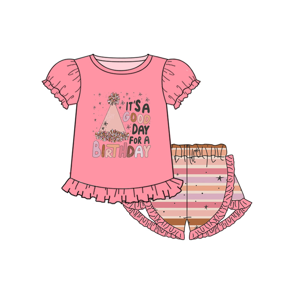 Baby Girls Pink Birthday Hats Tee Shirts Shorts Clothes Sets Preorder