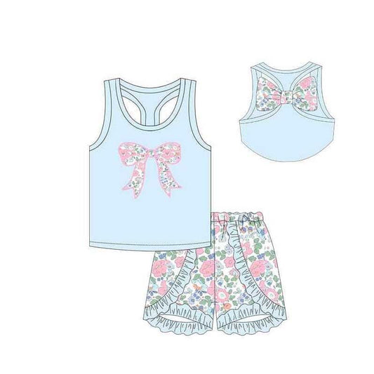 Baby Girls Blue Bow Vest Top Flowers Ruffle Shorts Clothes Sets Preorder