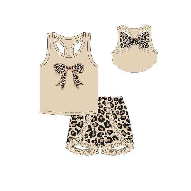 Baby Girls Khaki Bow Vest Top Leopard Ruffle Shorts Clothes Sets Preorder