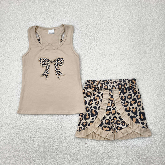 Embroidery Baby Girls Khaki Bow Vest Top Leopard Ruffle Shorts Clothes Sets