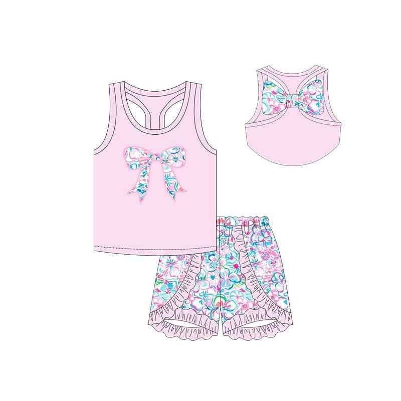 Baby Girls Pink Bow Vest Top Ruffle Shorts Clothes Sets Preorder