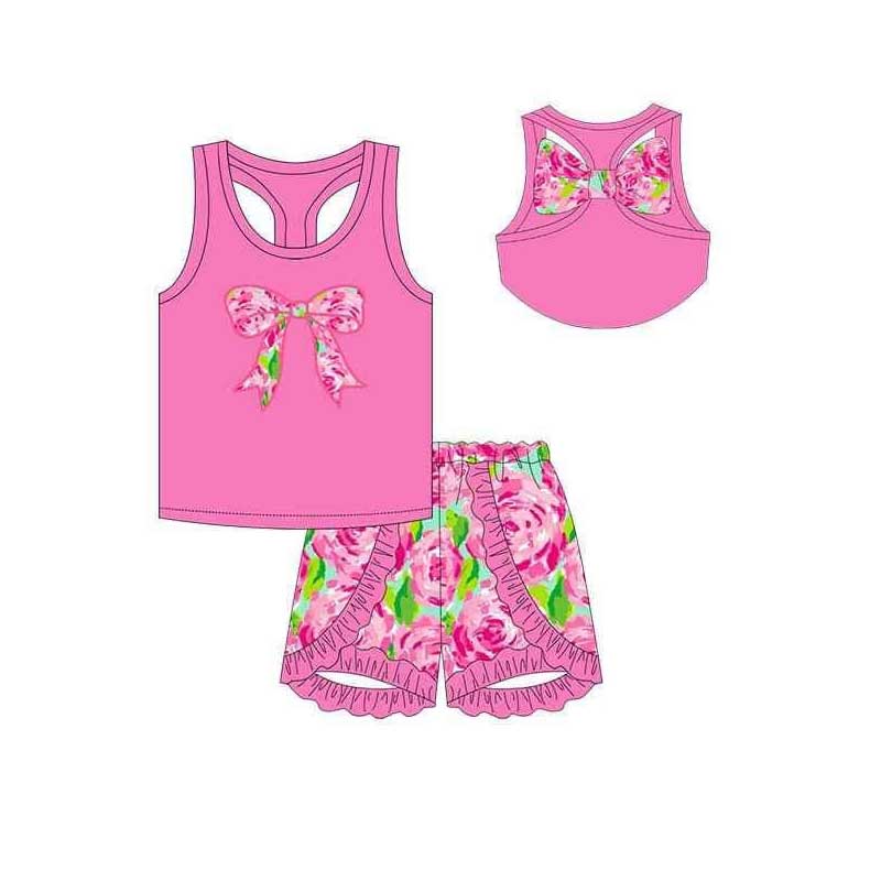 Baby Girls Flower Bow Vest Top Ruffle Shorts Clothes Sets Preorder