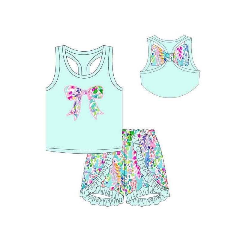 Baby Girls Green Colorful Bow Vest Top Ruffle Shorts Clothes Sets Preorder