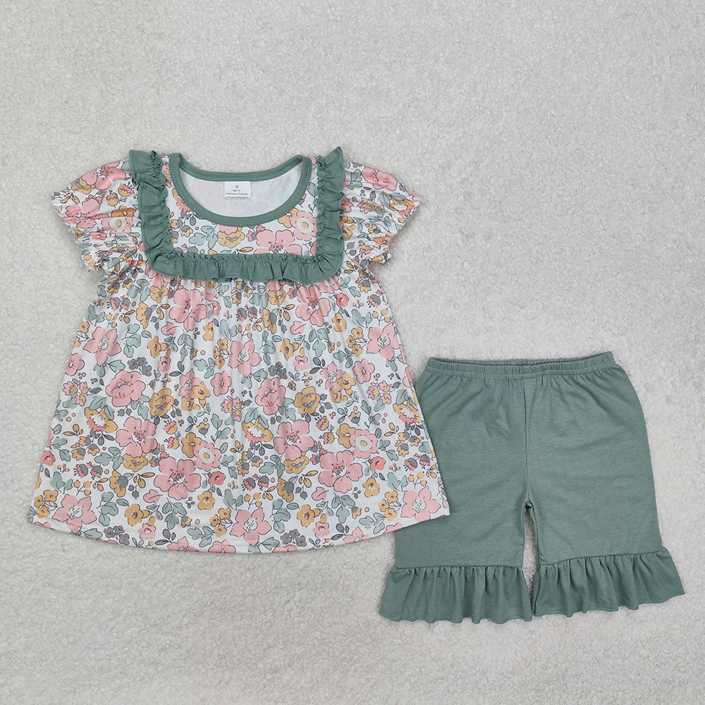 Baby Girls Floral Green Tunic Top Ruffle Shorts Clothes Sets