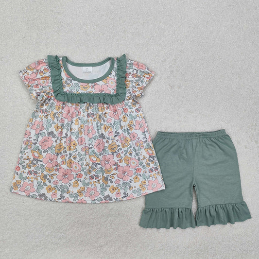 Baby Girls Floral Green Tunic Top Ruffle Shorts Clothes Sets