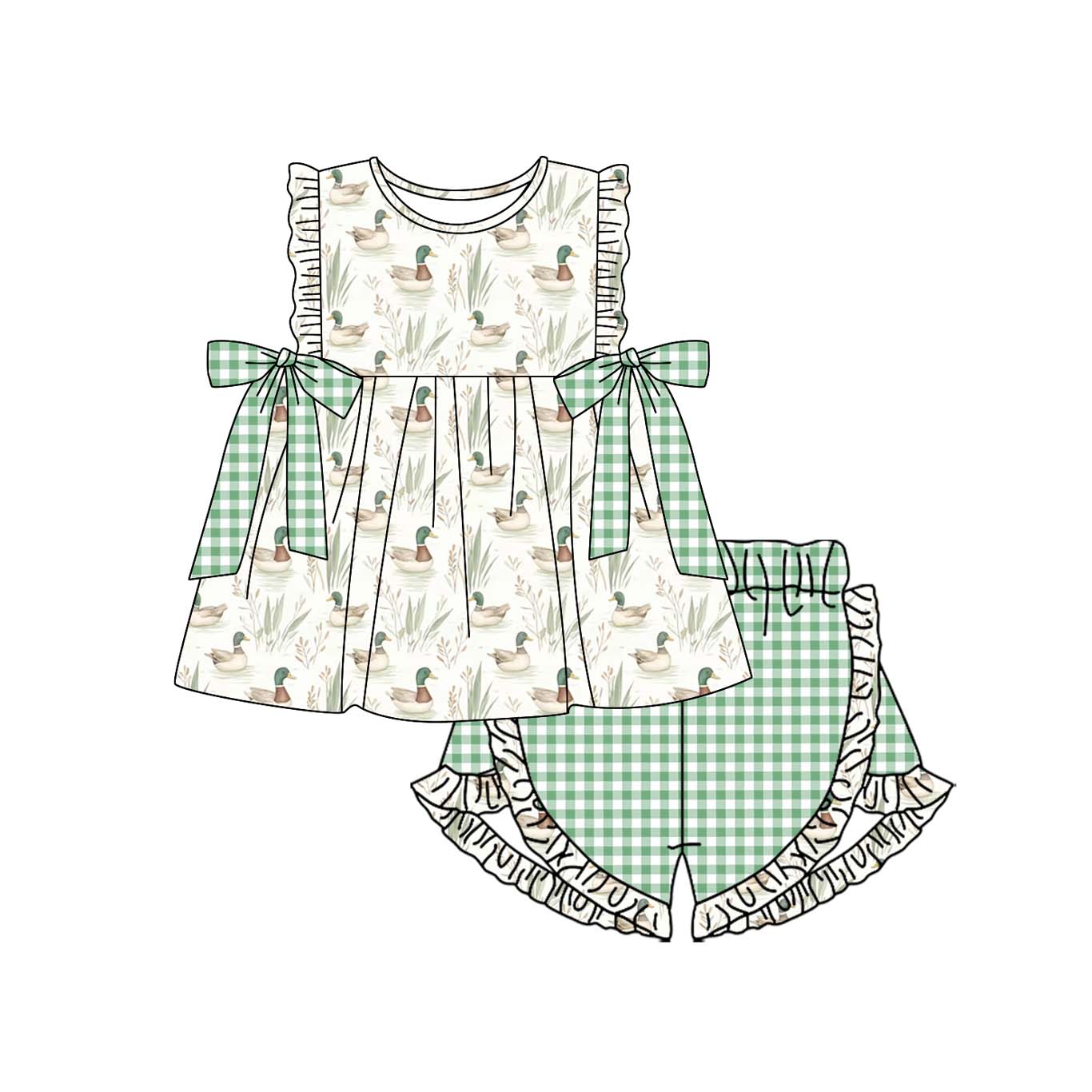 Baby Girls Green Mallard Ducks Tunic Ruffle Shorts Clothes Sets Preorder