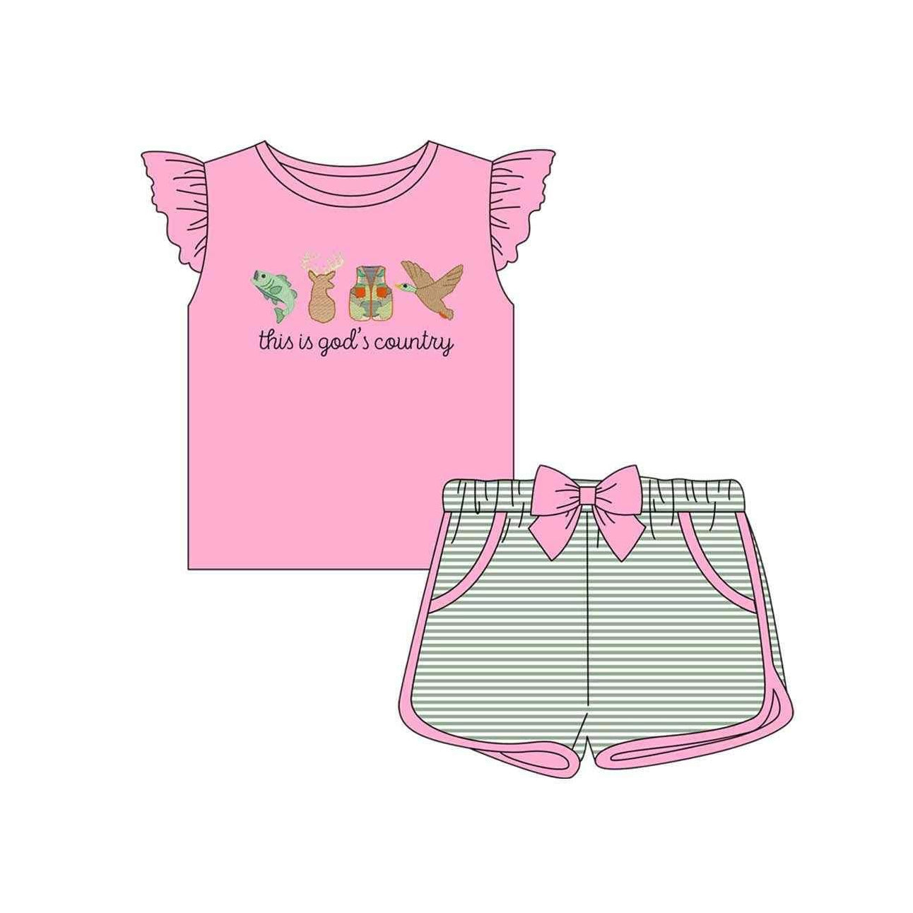 Baby Girls God Country Hunting Shirt Bow Shorts Clothes Sets Preorder