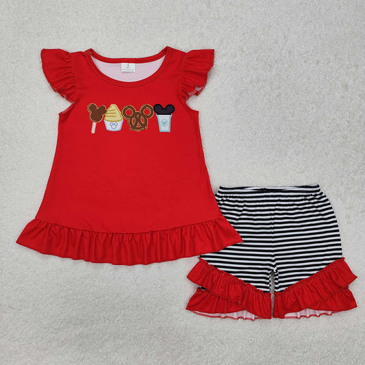 Baby Girls Red Cartoon Snacks Tunic Ruffle Shorts Clothes Sets