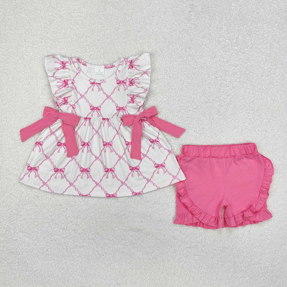 Baby Girls Pink Bows Tunic Ruffle Shorts Clothes Sets