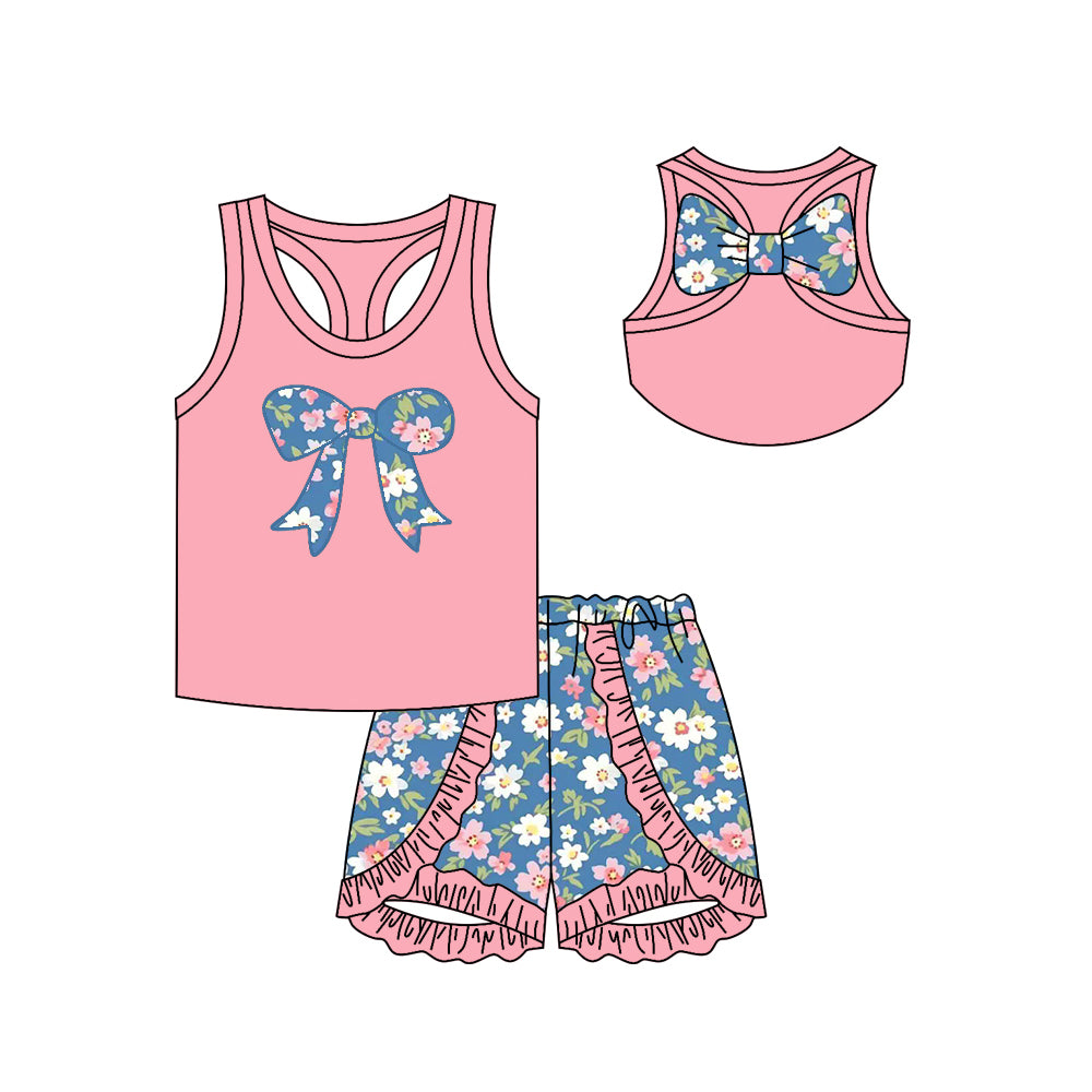 Baby Girls Pink Bows Vest Ruffle Flowers Shorts Clothes Sets Preorder