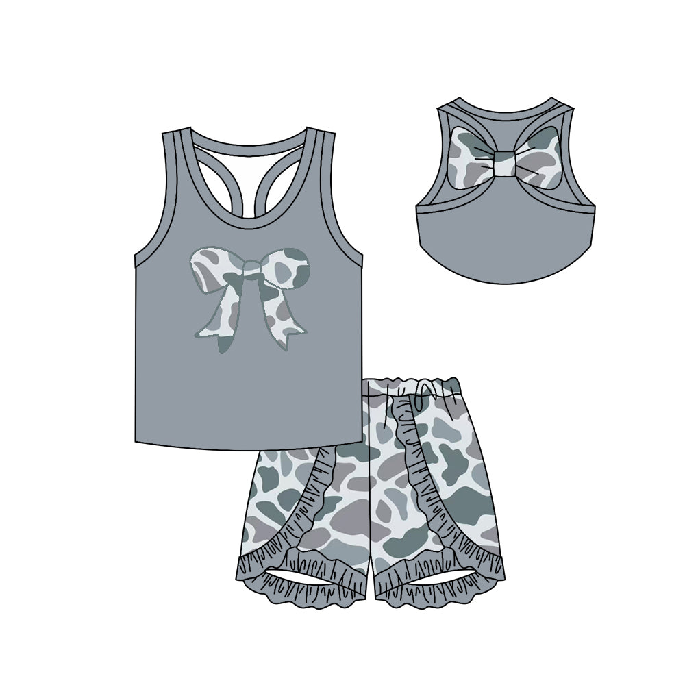 Baby Girls Grey Bows Vest Ruffle Camo Shorts Clothes Sets Preorder