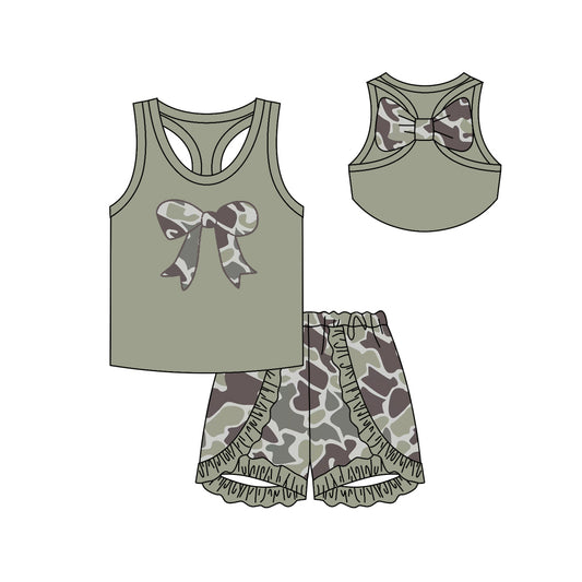 Baby Girls Light Green Bows Vest Ruffle Camo Shorts Clothes Sets Preorder