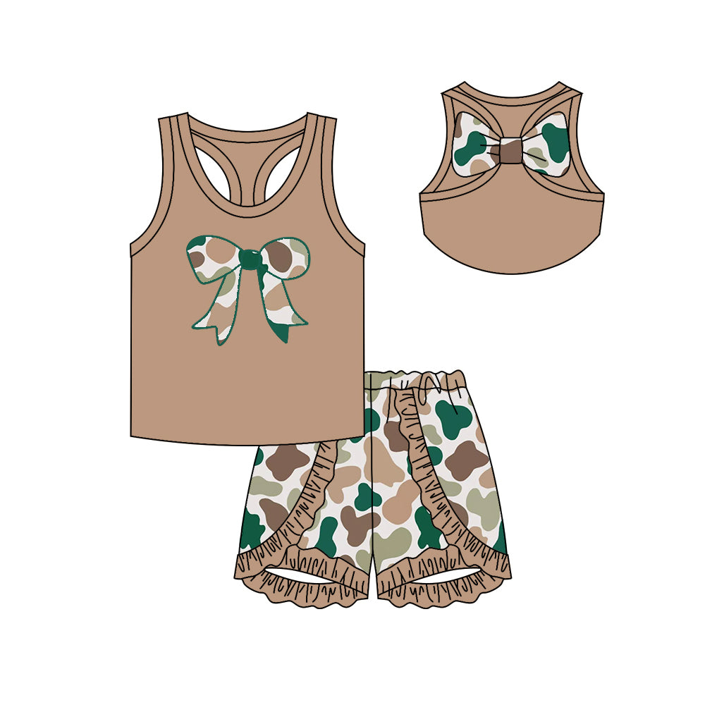 Baby Girls Khaki Bows Vest Ruffle Camo Shorts Clothes Sets Preorder