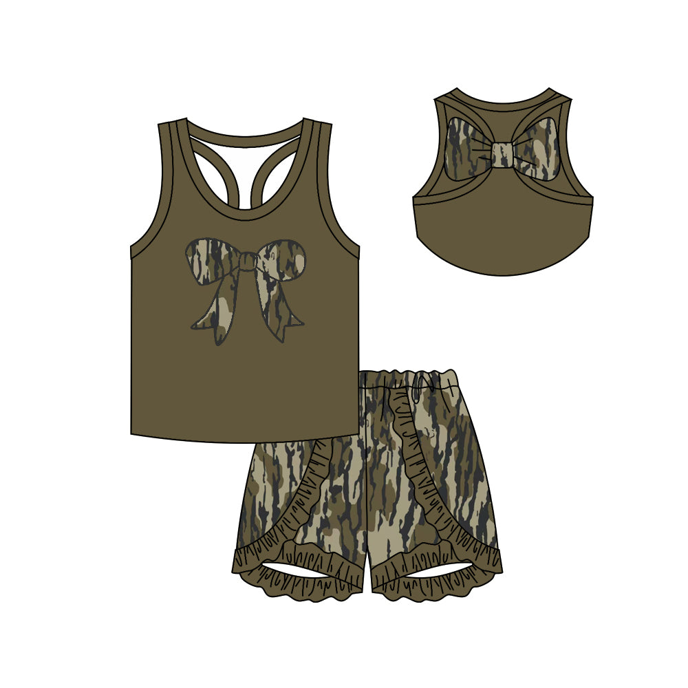 Baby Girls Dark Green Bows Vest Ruffle Bottomland Camo Shorts Clothes Sets Preorder