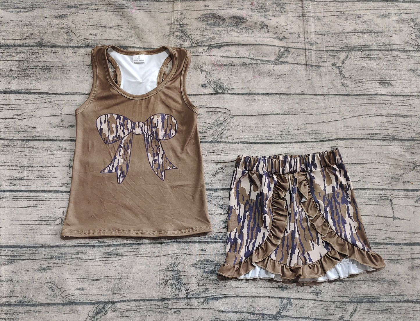 Baby Girls Dark Green Bows Vest Ruffle Bottomland Camo Shorts Clothes Sets
