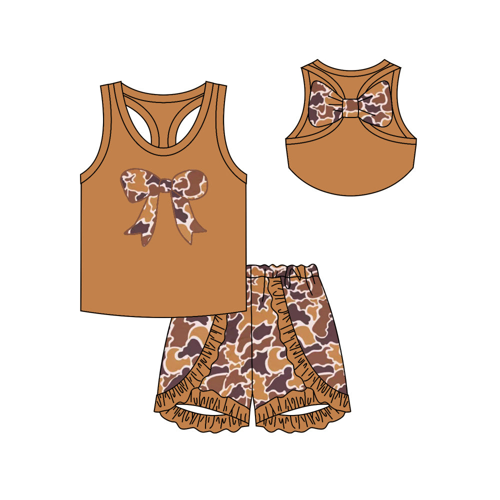 Baby Girls Coffee Bows Vest Ruffle Shorts Clothes Sets Preorder