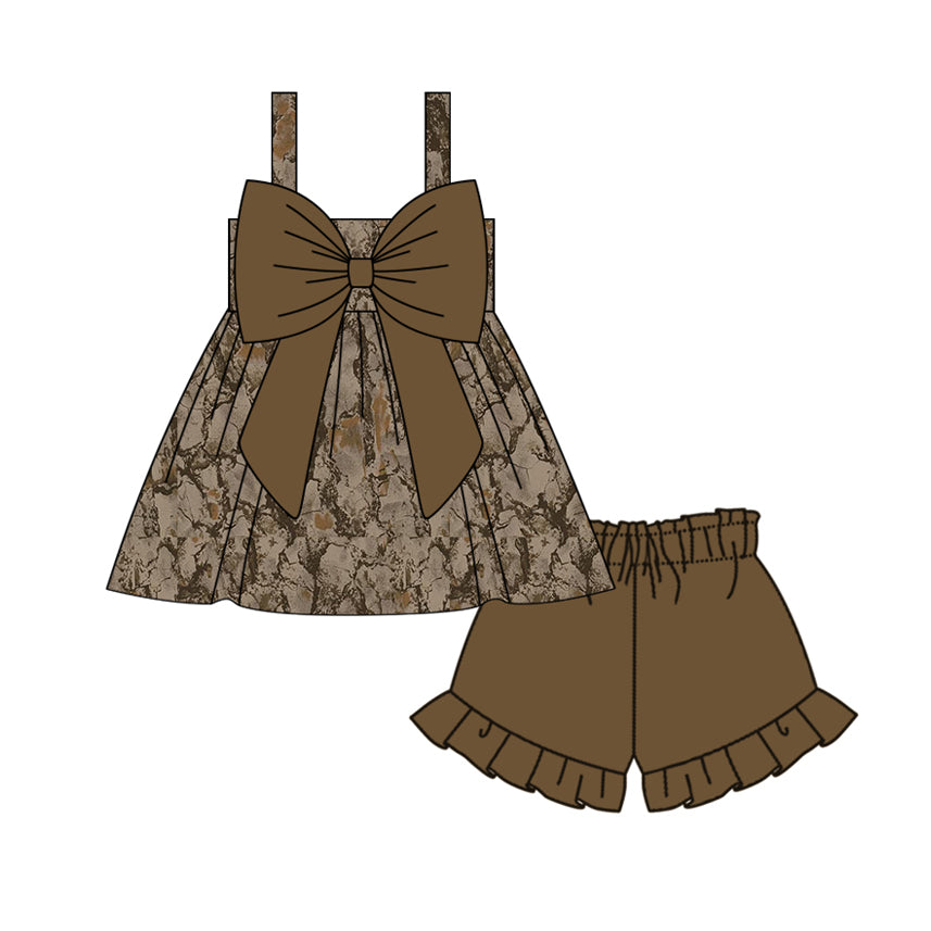 Baby Girls Brown Camo Bow Tunic Ruffle Shorts Clothes Sets Preorder