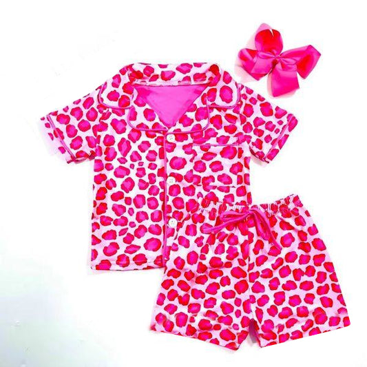 Baby Girls Pink Leopard Button up Shirt Shorts Pajamas Clothes Sets Preorder