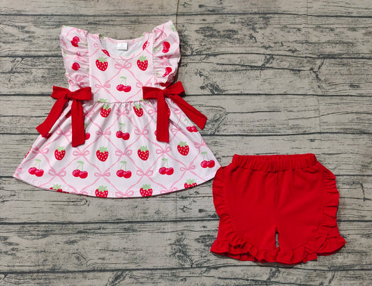 Baby Girls Strawberry Bows Tunic Ruffle Shorts Clothes Sets