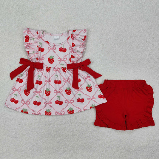 Baby Girls Strawberry Bows Tunic Ruffle Shorts Clothes Sets