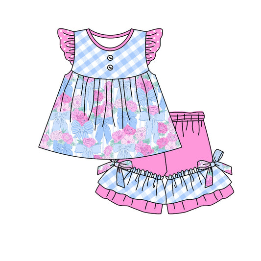 Baby Girls Checkered Flowers Bows Tunic Ruffle Shorts Clothes Sets Preorder