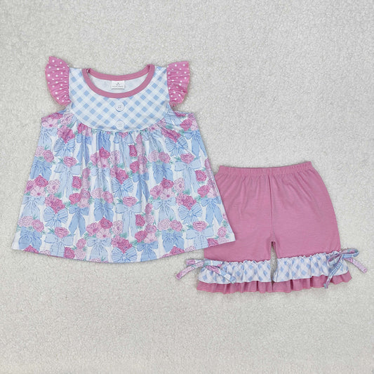 Baby Girls Checkered Flowers Bows Tunic Ruffle Shorts Clothes Sets