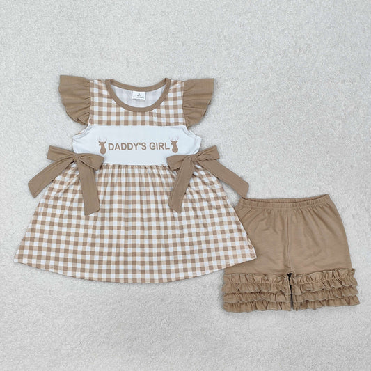 Baby Girls Daddy's Girl Deers Checkered Tunic Ruffle Shorts Clothes Sets