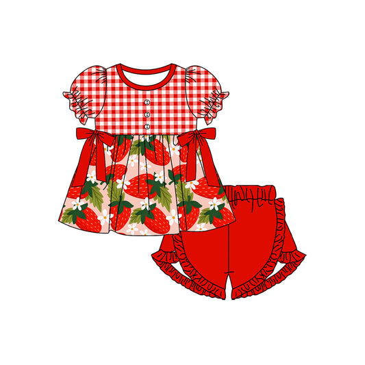 Baby Girls Red Checkered Strawberry Bows Tunic Ruffle Shorts Clothes Sets Preorder