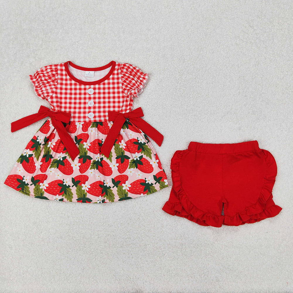 Baby Girls Red Checkered Strawberry Bows Tunic Ruffle Shorts Clothes Sets