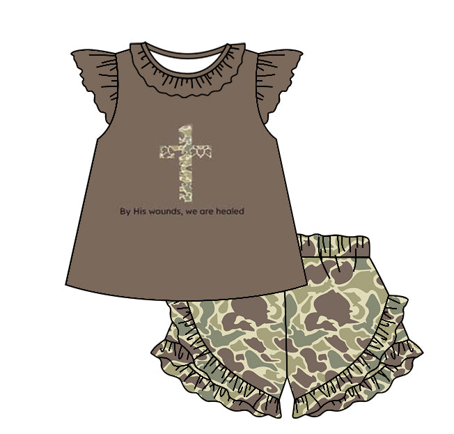 Baby Girls Easter Cross Flutter Sleeve Tunic Camo Shorts Clothes Sets Preorder