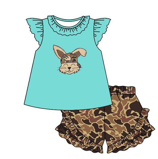 Baby Girls Easter Rabbit Flutter Sleeve Tunic Camo Shorts Clothes Sets Preorder