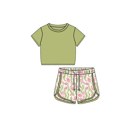 Baby Girls Green Shirt Top Tulips Sports Shorts Clothes Sets Preorder