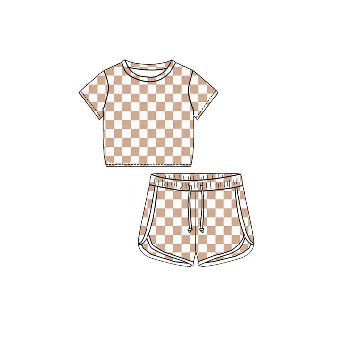 Baby Girls Khaki Checkered Shirt Top Sports Shorts Clothes Sets Preorder